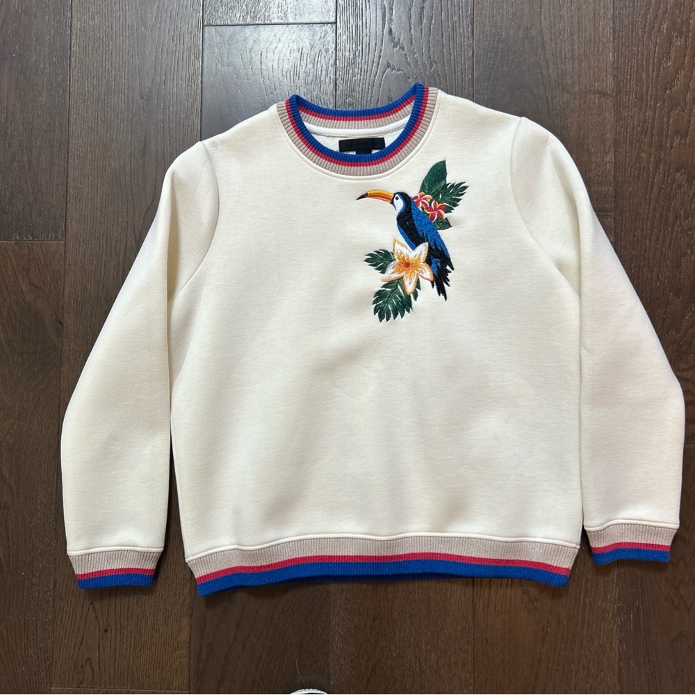 Maison Cinqcent Women’s Sweater Sz L Embroidered Parrot Light Stains see Photos